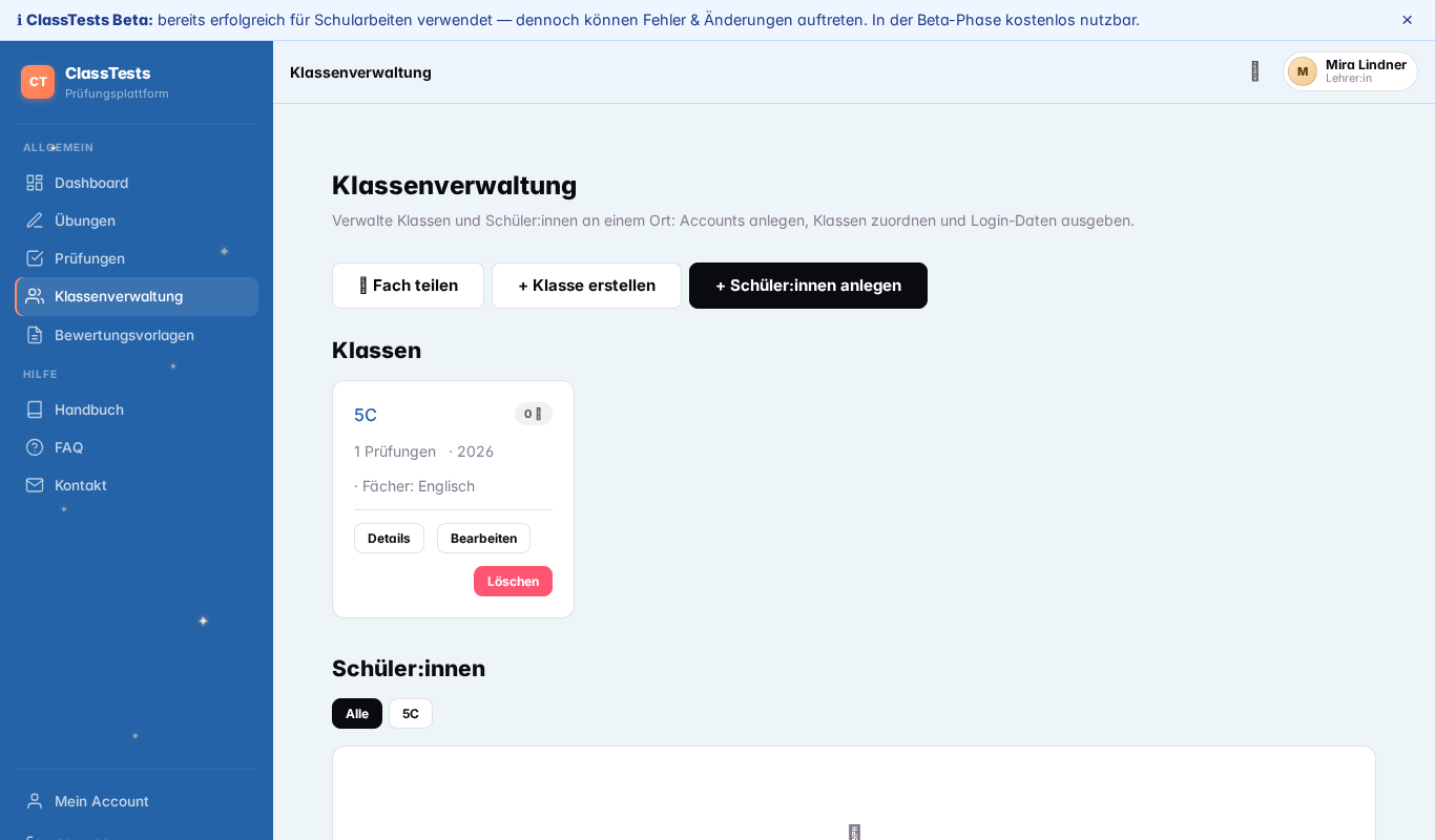 Klassen-Übersicht mit Schuljahr und Fach