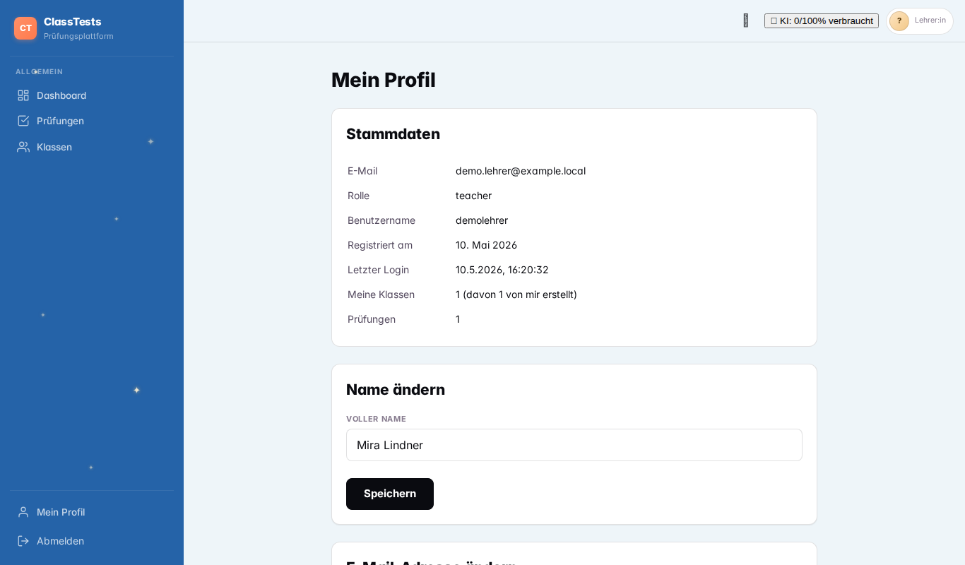 Profil-Übersicht mit allen Sektionen